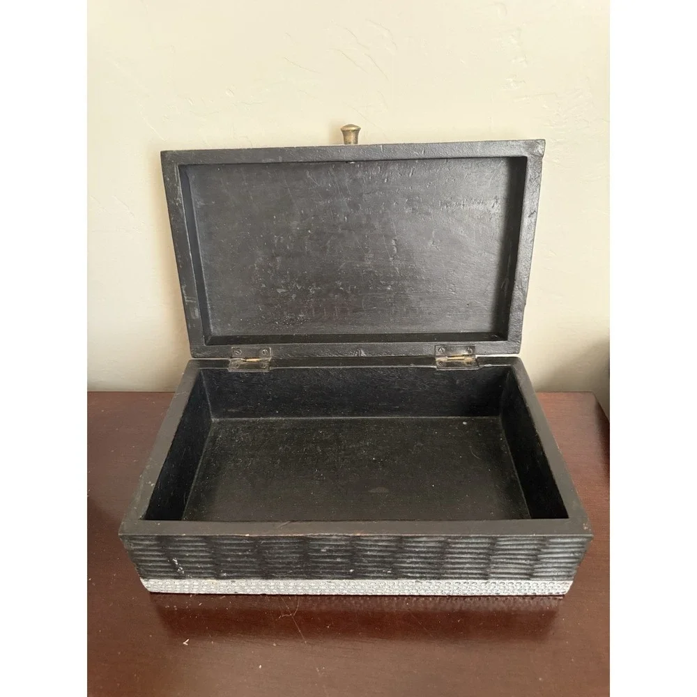 Vintage MCM Wood jewelery box  with silver Metal Accent storage organizer